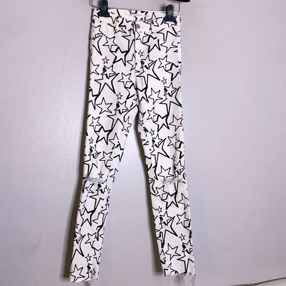 Zara denim star print skinny leg jeans white size 2 raw hem denim detail - Picture 1 of 7